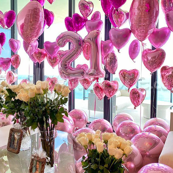 Any Number Pinkie Party Heart Foil Helium Balloons and Fresh Flowers Roses Arrangement