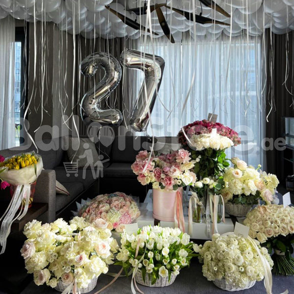 Any 2 Number White Party Latex Helium Balloons and Mixed Flowers Fresh Flower Arrangement