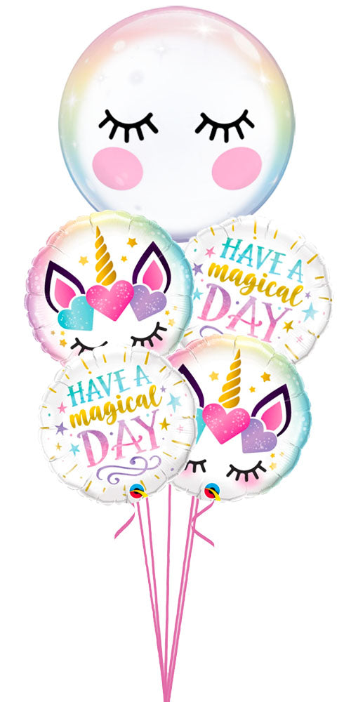 Eyelashes and Unicorn Have a Magical Day Bouquet - Topper NOT Available (Can we replace with Pink Birthday Bubbles)