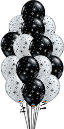 15pcs Black & Silver Sparkles Balloon Bouquet With Weight