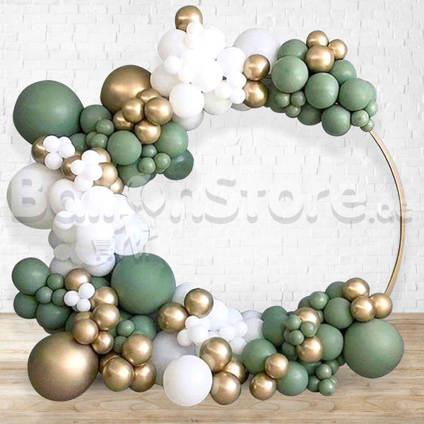 Eucalyptus Chrome Classic Organic Balloon Arch Arrangement on a Circular Stand 3DAYS NOTICE - Not Possible For Delivery