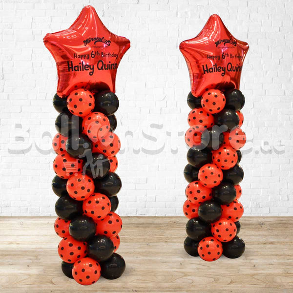 Custom Text / Logo Red Polka & Black Standard Balloon Pillar with 30inches Star Foil  as topper - Pre Order / Logo Subject for Approval if Possible
