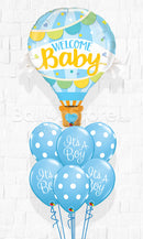 Welcome Baby Boy Hot Air Classy Script and Polka Balloon Bouquet