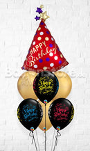 Red Satin Party Hat Black Blast Wrap Chrome Balloon Bouquet