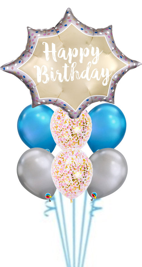Happy Birthday Satin Chrome and Confetti Balloon Bouquet