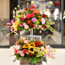 Autumn Collection Set of Fresh Flowers Arrangement on a on a Glass Cake Stand