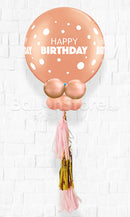 BIG RoseGold Birthday Big & Little Polka Balloon Inflated with Helium & RoseGold with Tassel