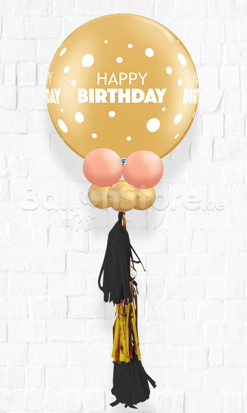BIG Gold Birthday Big & Little Polka Balloon Inflated with Helium & RoseGold / Gold with Tassel