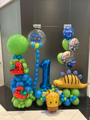 Any Number Giraffe & Yellow Stegosaurus   Birthday Balloon Arrangement with Custom Text