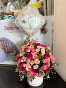 Newly married Pink Rose Flower Hatbox Arrangement Mr & Mrs Balloon