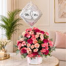 Newly married Pink Rose Flower Hatbox Arrangement Mr & Mrs Balloon