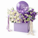 Luxury Purple & White Birthday Flower Box with Happy Birthday Helium Balloon