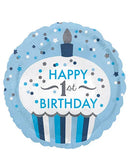 Boy's 1st(First) Birthday Cupcake Holographic Balloon - Blue