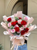 20 Pink & Red  Roses, Eucalyptus