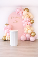 Chrome & Cream Pink Balloon Garland With Backdrop & Cake Stand