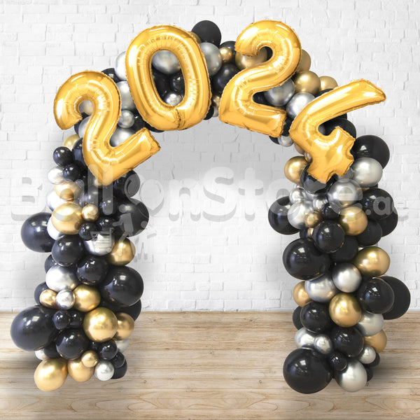 NEW YEAR Organic Classic Design  Balloon Arc - Black /Gold/Silver with 2024 GOLD  Arch 3DAYS NOTICE - Not Possible For Delivery BEST for Entrance, Stage  and Photo-Off area