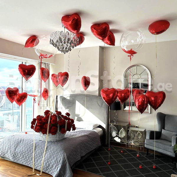 Love Red Heart Foil, Bubble Helium Balloons and Red Roses Flower Arrangement -  Balloons & Flowers Combo