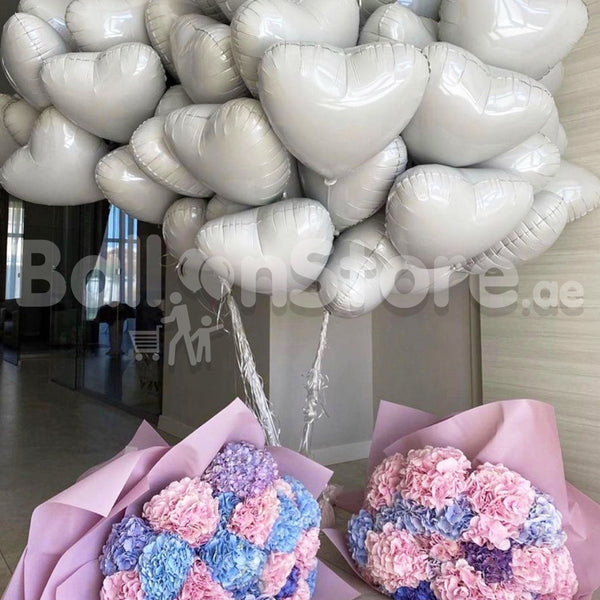Love WHITE Heart Foil and Hydrengea Flower Arrangement - Balloons & Flowers Combo