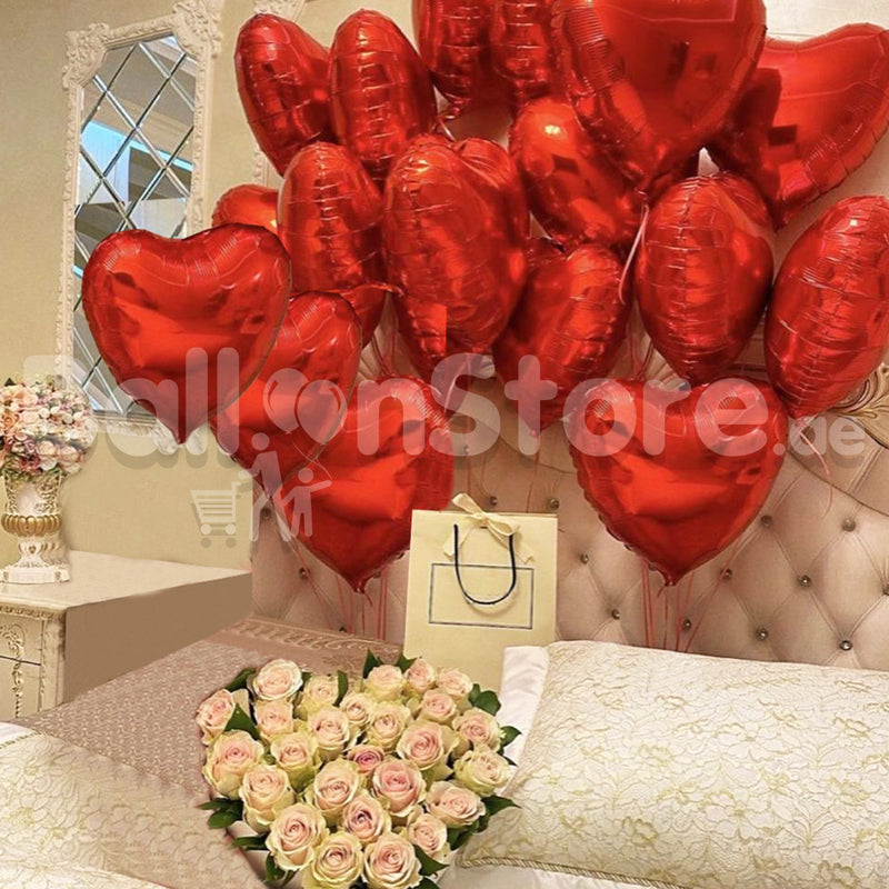 Love Red Heart Foil, and  Roses Flower Arrangement  - Balloons & Flowers Combo