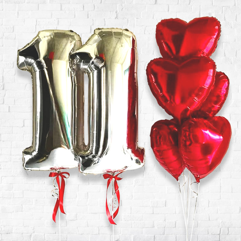 Any Two Number Silver & Love Heart Heart All Foil Classic Balloon Bouquet