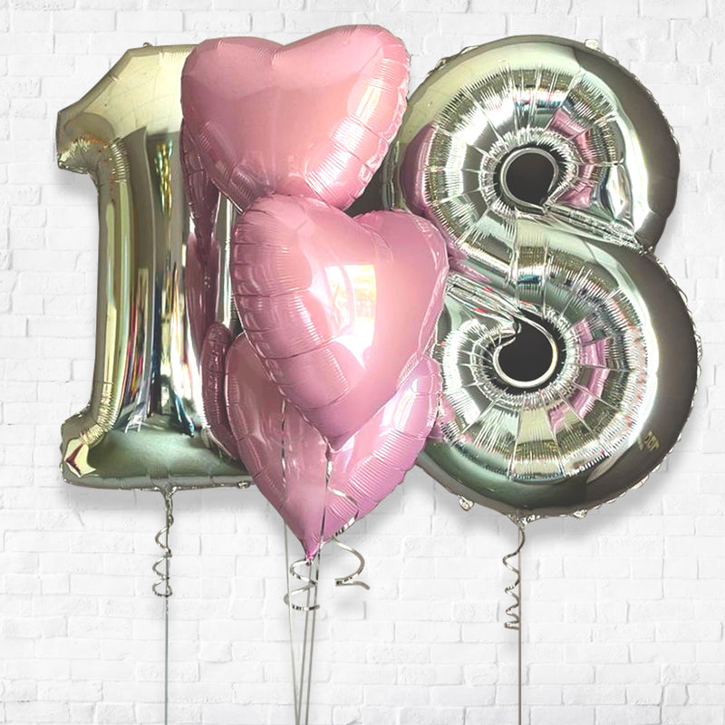 Any Two Number Silver & Pink Heart All Foil Classic Balloon Bouquet