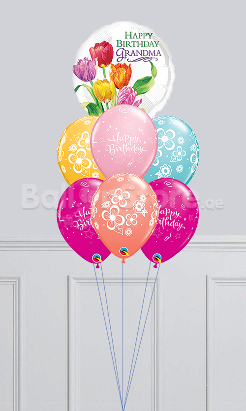 Happy Birthday Grandma Pink Sparkling Floral Blossom Balloon Bouquet