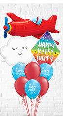 Red Vintage Airplane Birthday Rainbow Clouds Sparkle Balloon Bouquet