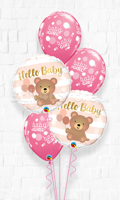 Hello Baby Bear Pink Baby Girl Dots Balloon Bouquet