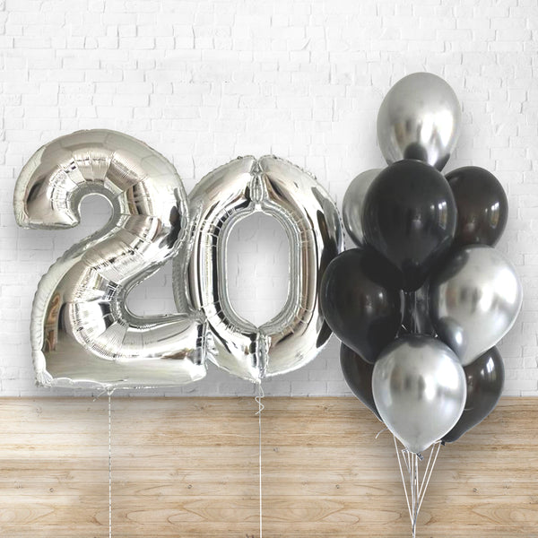 Any Two Number Classic Chrome Silver & Black Balloon Bouquet Set
