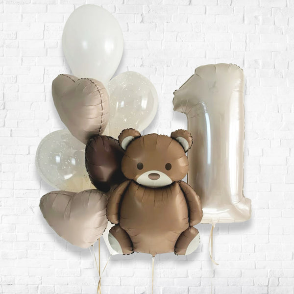Any Single Number Aesthetic BrownTeddy Heart Confetti Latex Balloon Set
