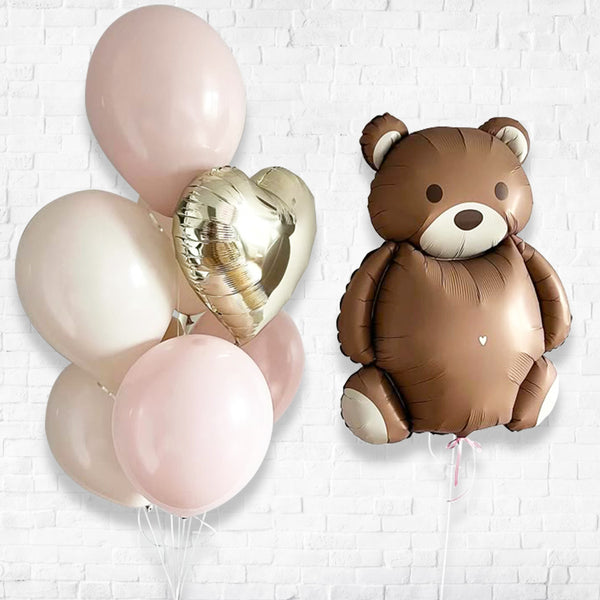 BrownTeddy Golden Heart and Pastel Latex Balloon Set