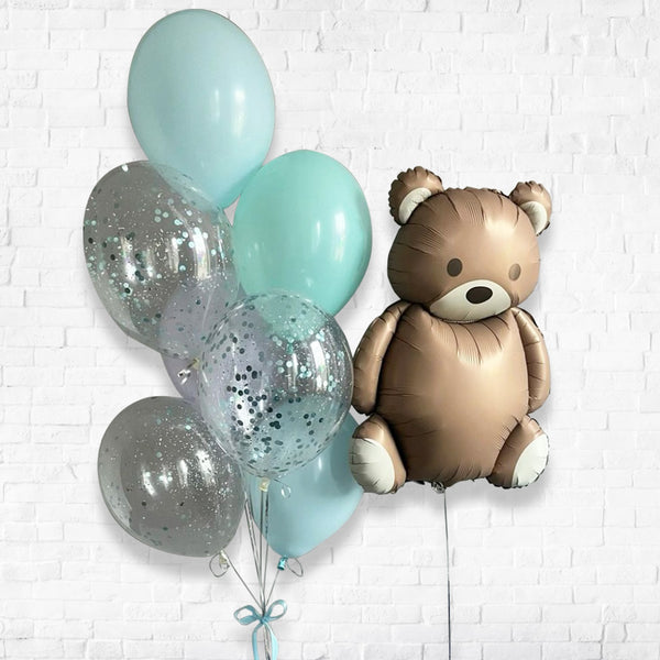 BrownTeddy Confetti and Tiffany Color Latex Balloon Set