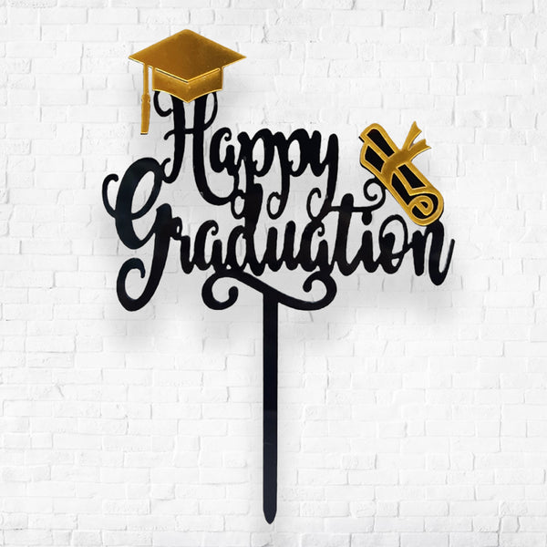 Cursive Happy Graduation Cake Topper, Black Gold