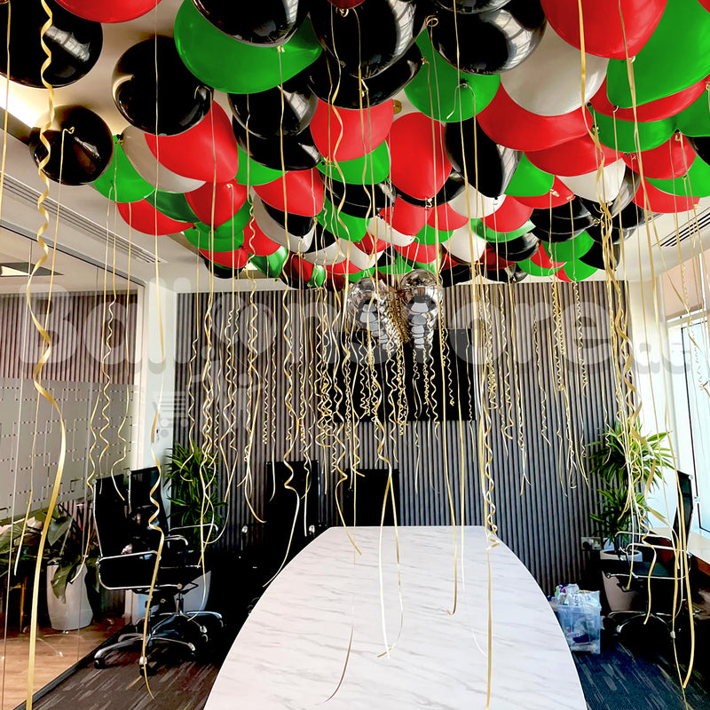 UAE National Day Helium Balloons - Mix of  Red, Dark Green, White and Onyx Black  Latex  With String & Ultra Hi-Float 50/100/200/300/500 Count