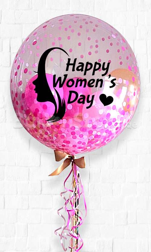 Happy Women's Day 20inches Personalized Confetti Pink Design Bubble  Balloons with Balloon Stuff inside - PINK&nbsp;&nbsp;PRE-ORDER 1DAY In Advance