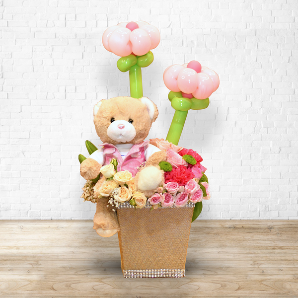 Blooms Baby Girl /Baby Boy Teddy Flower Balloon Arrangement