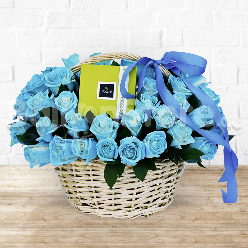 Bluer than Blue Romantic Roses Flower Arrangement with Patchi Chocolate500gram