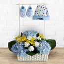 New Born Fresh Flower Arrangement with Baby Boots & Cap INCLUDED - BLUE