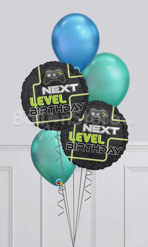 Next Level  Gamers Birthday Chrome Confetti Dots Balloon Bouquet