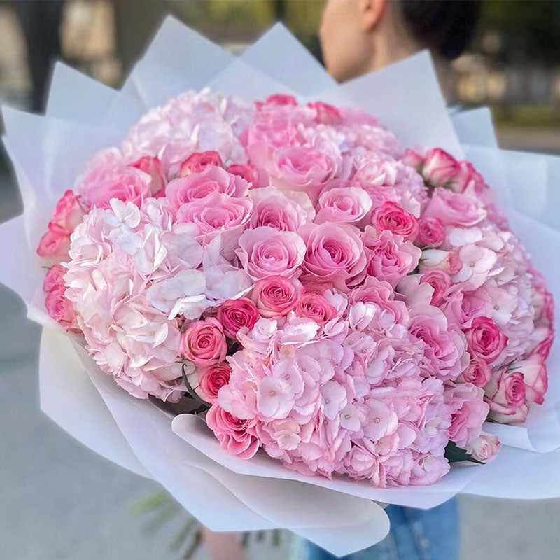 Lovely Pinky Mixed Hydrangea & Pink Roses Fresh Flower Hand Bouquet - bouquet Delivery for valentines