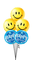 Blue Birthday sparkle with smiley foil balloon bouquet
