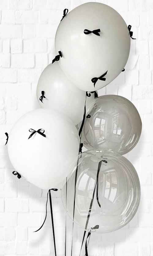 16inches White Balloon with Satin Bow and Clear Bubbles Balloon Bouquet on a holder PRE-ORDER One day in Advance