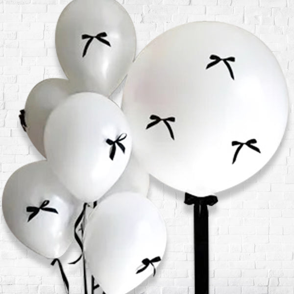 Big and Medium&nbsp; White Balloon with Satin Bow and Clear Bubbles Balloon Bouquet on a holder PRE-ORDER One day in Advance