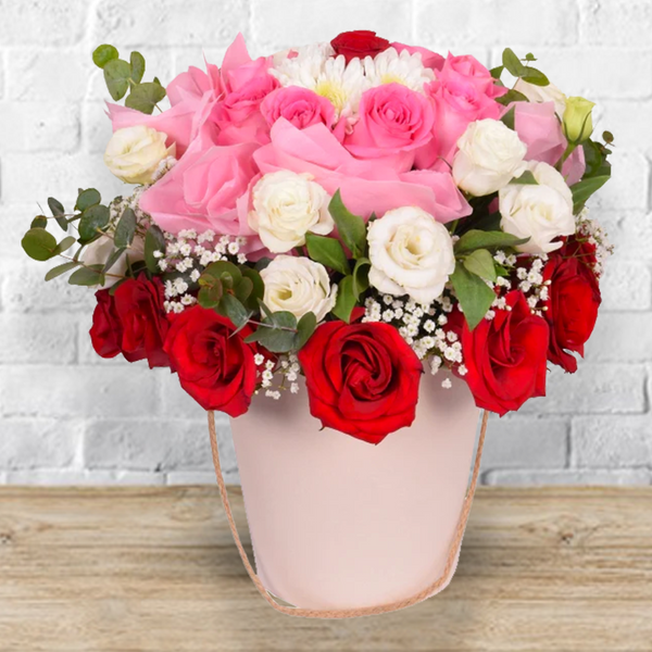 Pink White and Red Roses in Box