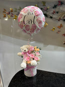 Baby girl flower & balloon arrangement with teddy