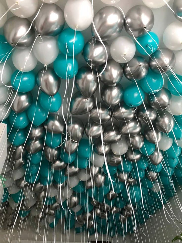 Chrome silver, white & blue ceiling balloon