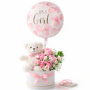 Baby girl flower & balloon arrangement with teddy