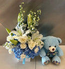 New born Baby Boy Bloom Box – White Lilies, Blue Accents & Soft Teddy Gift