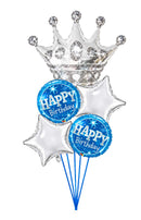 Silver Crown With Blue Happy Birthday balloons