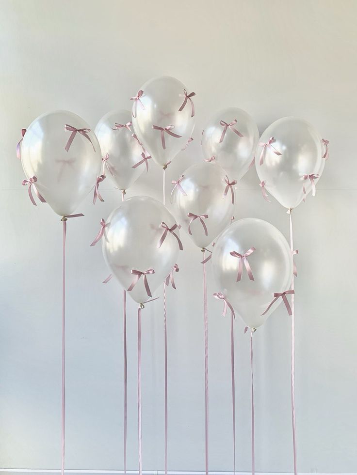 Pearl white Aesthetic Helium Balloons 9pcs With Pink Satin Ribbon & Bow
